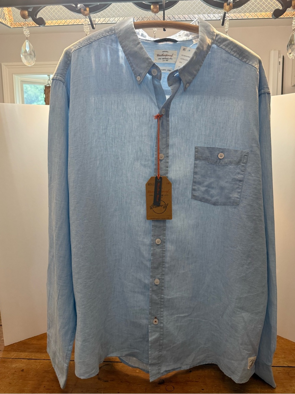 Weatherproof Vintage Cerulean, Light Blue Men's Linen Button-Down Pocket Shirt